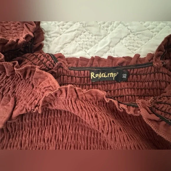 Boho Ruffled Square-Neck Smocked Mini Dress, Soft-Rust Colored, Size XS - Picture 7 of 9